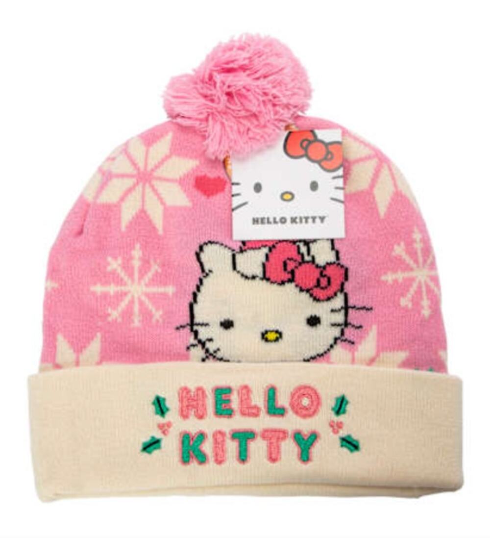 Hello Kitty Holiday Beanie Pink Snowflake Santa Pom Pom Hat NWT
